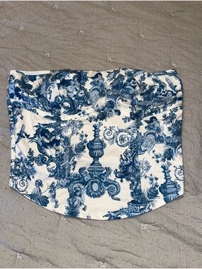 SHEIN White and Blue Printed Strapless Bustier Top